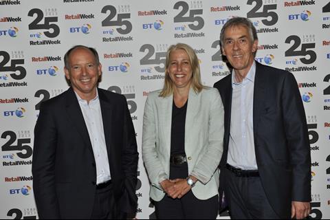 Kingfisher chief executive Ian Cheshire, BRC director general Helen Dickinson and analyst Nick Bubb at Retail Week's 25th Birthday Party